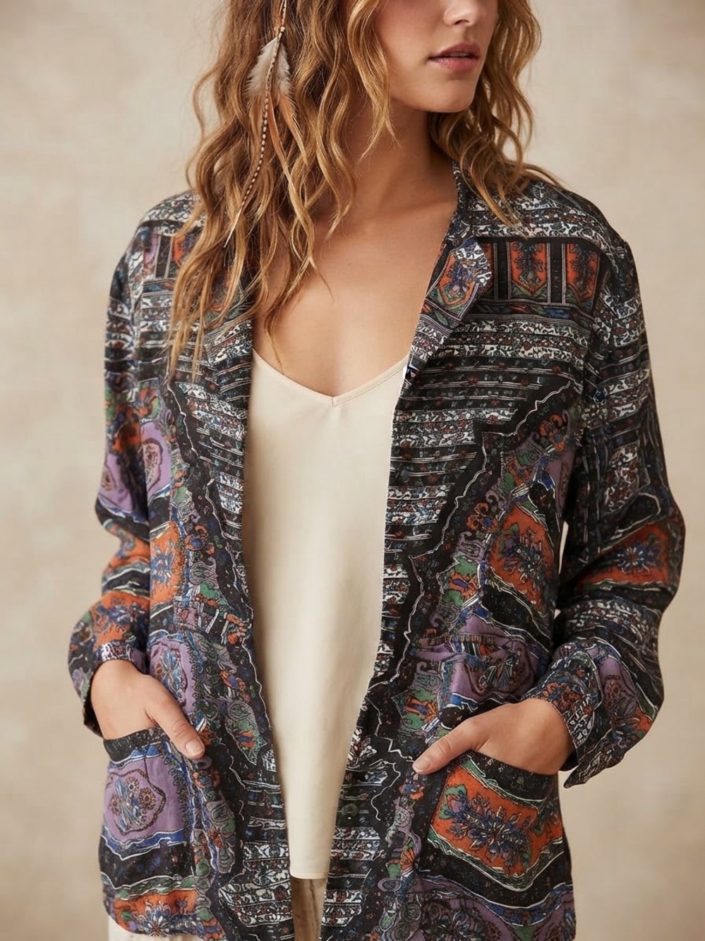 Novella Royale Black Multicolor Printed Open-Front Blazer